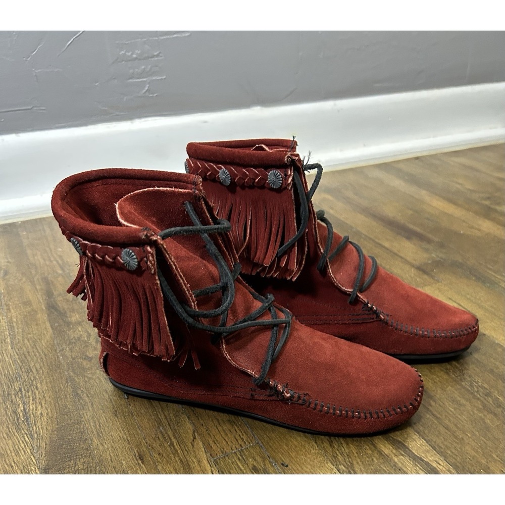 90s Minnetonka 429 Fringe ankle boots red suede leather Size 8 Moccasins - Picture 2 of 10
